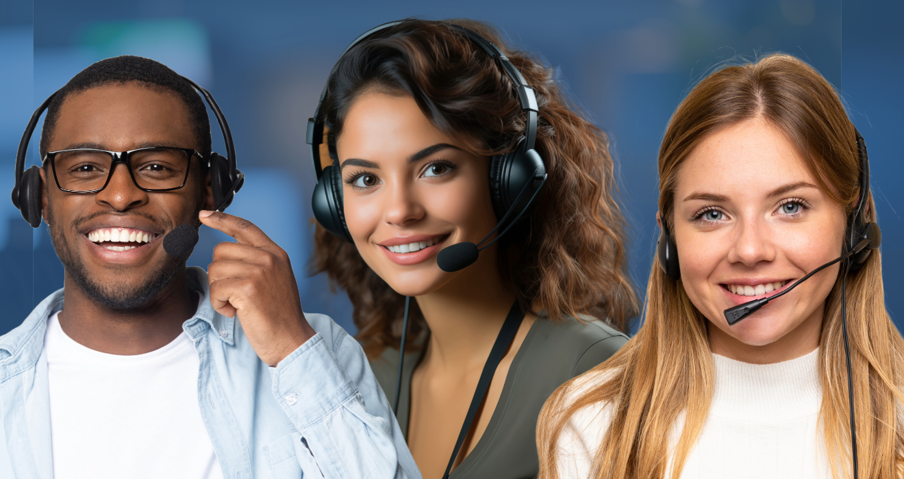 Team members smiling with headsets