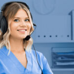 smiling blonde hair girl with headset