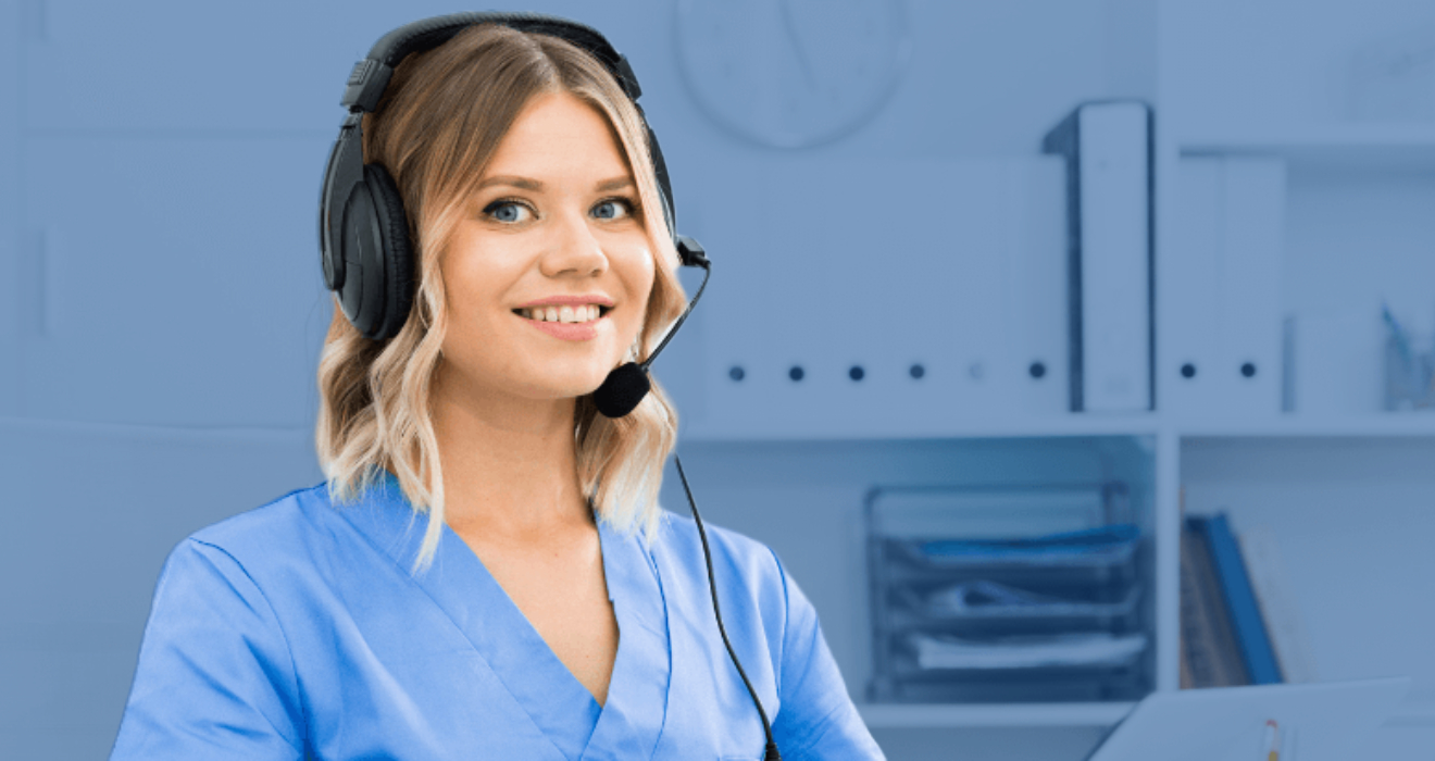 smiling blonde hair girl with headset