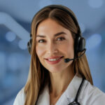 woman with headset smiling into the camera