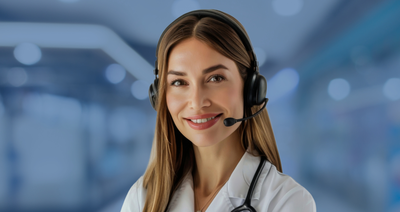 woman with headset smiling into the camera