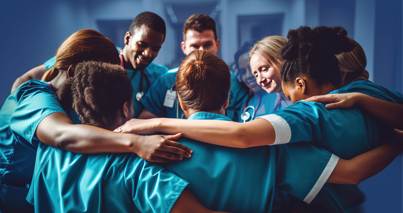 nurses gathering in a circle with arms around themselves