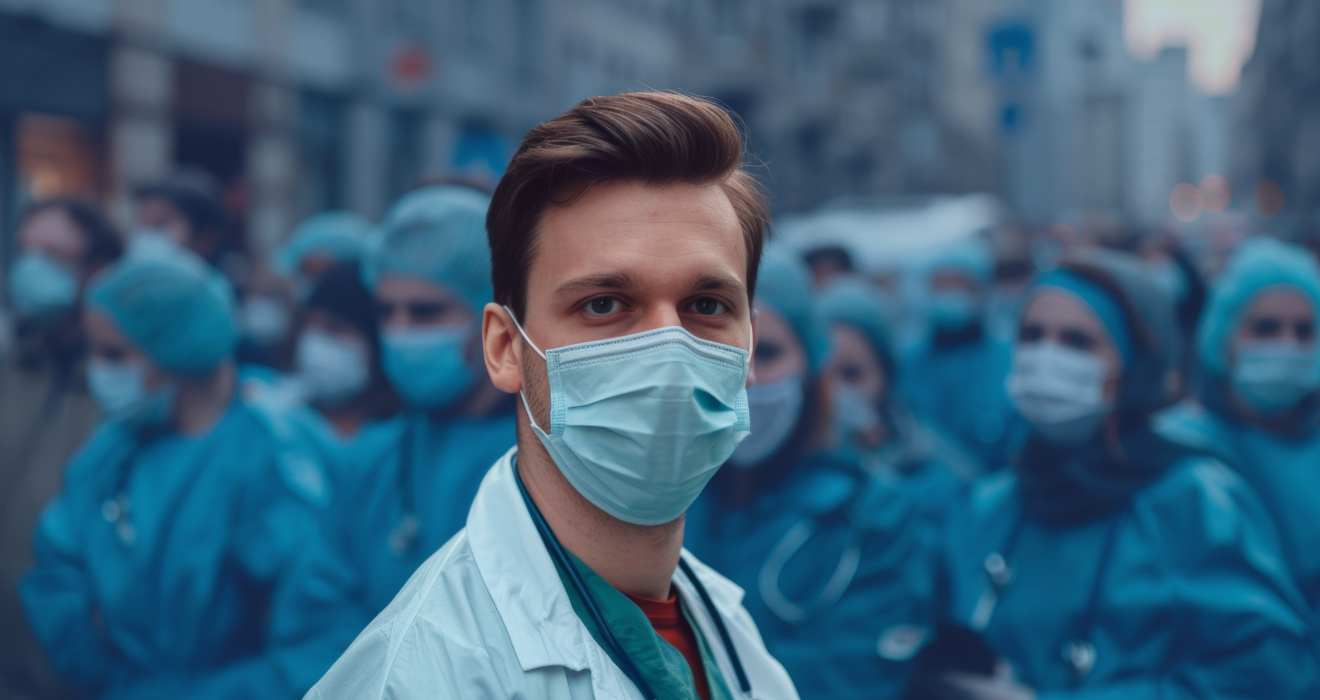 a male nurse standing in front a group of nurses