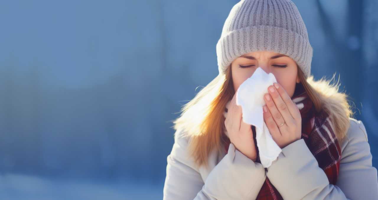 Woman Outside in Coat Blowing Nose